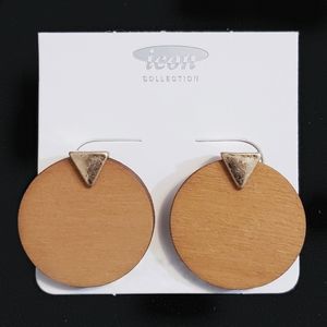 Ochre Wood Disk Earrings w/ Worn Gold Triangle